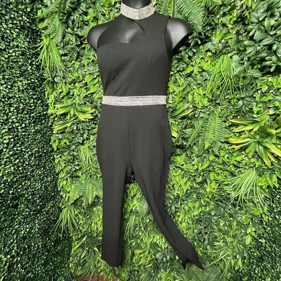 Women Jumpsuit Large Black Pants High Neckline Stoned Accent Fitted Ipoe 1710 - Picture 3 of 8